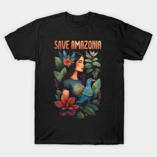 Save Amazonia - Girl with tropical plants and birds T-Shirt